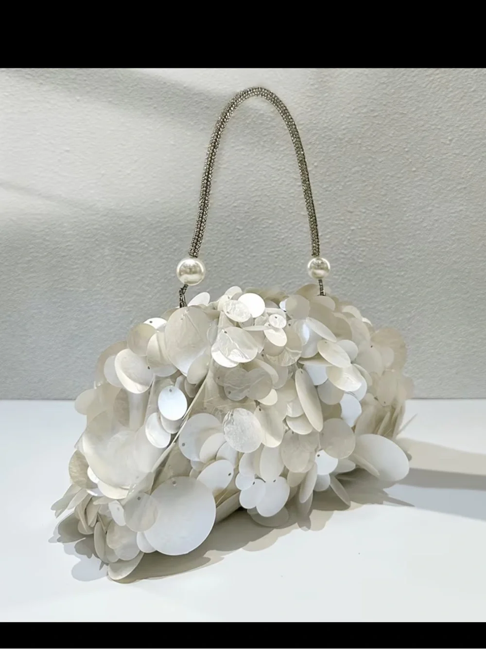 Elegant Ivory Sequin Disc Evening Bag with Chain Handle
